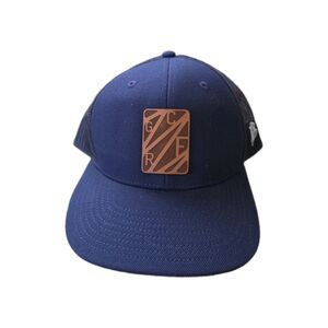Branded Bills Navy Blue Wool Blend Leather Patch Mesh Trucker Snapback Hat EUC